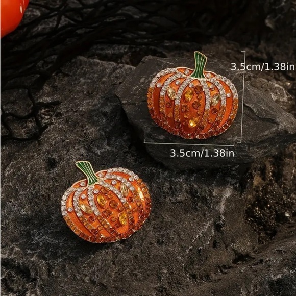 🛑 LAST ONE 🛑 Orange Rhinestone Pumpkin Earrings - Picture 3 of 3
